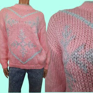Vintage 80s Pink Glitter Snowflake Sweater Womens M Pastel Christmas Holiday